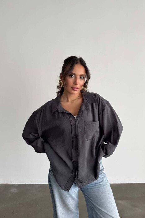 LONG SLEEVE ONE COLOR SIMPLE WOMEN SHIRT DARK GREY/GEE - KLAUDIO FASHION