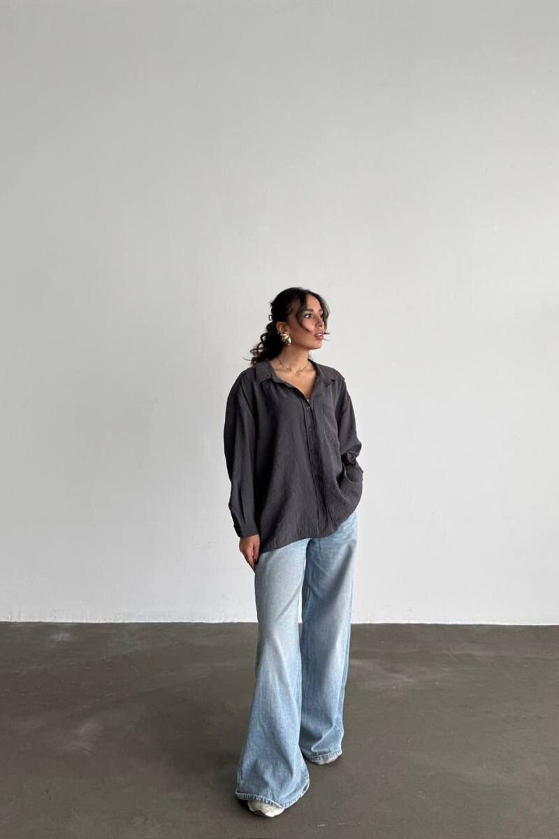 LONG SLEEVE ONE COLOR SIMPLE WOMEN SHIRT DARK GREY/GEE - 2