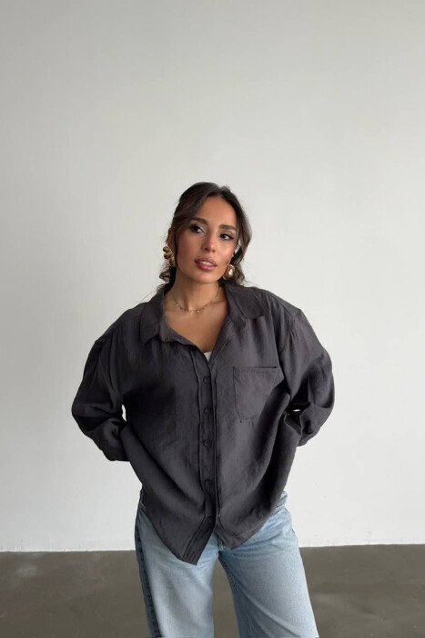 LONG SLEEVE ONE COLOR SIMPLE WOMEN SHIRT DARK GREY/GEE - 4
