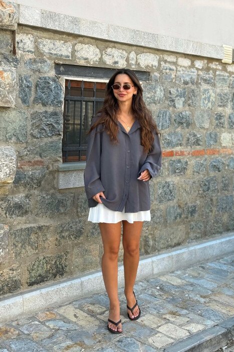 LONG SLEEVE ONE COLOR SIMPLE WOMEN SHIRT GREY/GRI - KLAUDIO FASHION