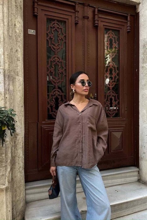 LONG SLEEVE ONE COLOR SIMPLE WOMEN SHIRT LIGHT BROWN/KAZB - KLAUDIO FASHION