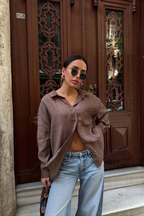 LONG SLEEVE ONE COLOR SIMPLE WOMEN SHIRT LIGHT BROWN/KAZB - 3