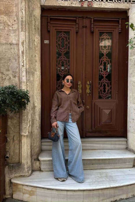 LONG SLEEVE ONE COLOR SIMPLE WOMEN SHIRT LIGHT BROWN/KAZB - 4