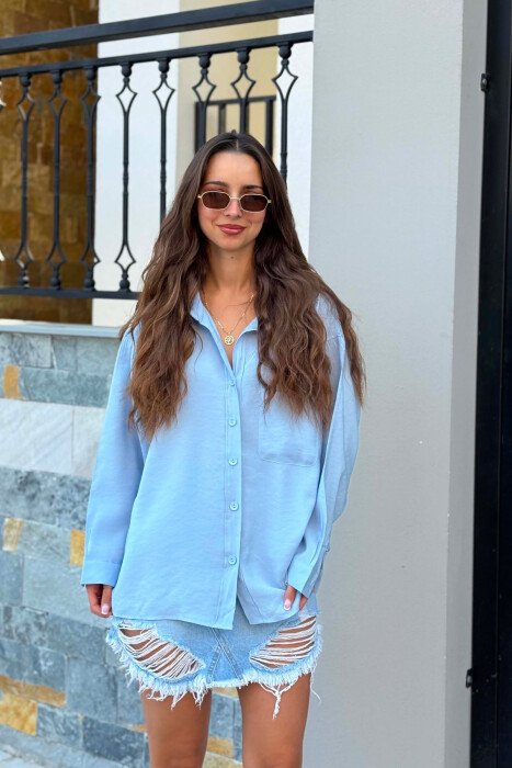 LONG SLEEVE ONE COLOR SIMPLE WOMEN SHIRT LIGHTBLUE/BZ - 2
