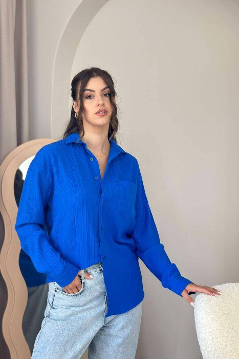 LONG SLEEVE ONE COLOR WOMEN SHIRT BLUE/BLU - KLAUDIO FASHION