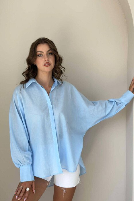 LONG SLEEVE ONE COLOR WOMEN SHIRT LIGHTBLUE/BZ - KLAUDIO FASHION