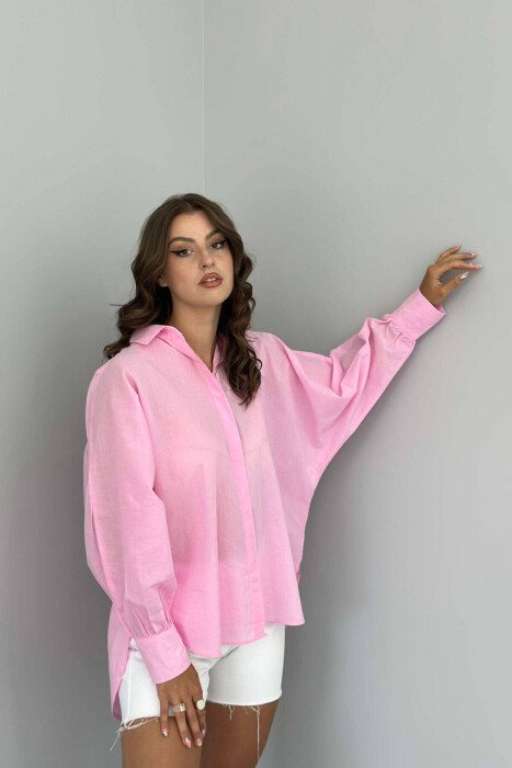 LONG SLEEVE ONE COLOR WOMEN SHIRT PINK/ROZE - KLAUDIO FASHION