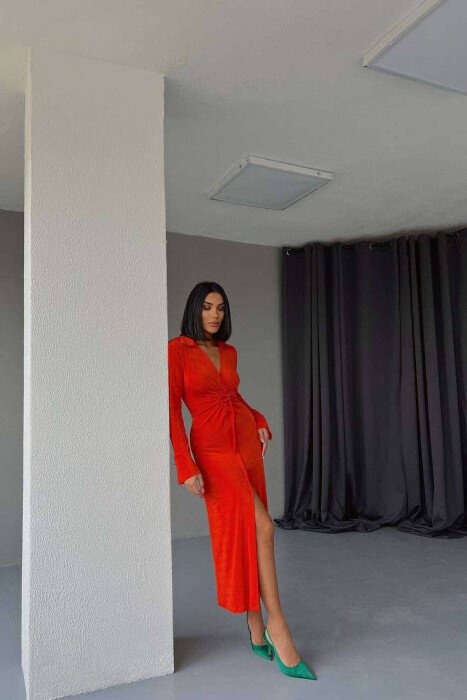 LONG SLEEVE OPEN FRONT WOMEN DRESS ORANGE/PORTOKALLI - KLAUDIO FASHION