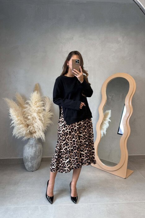 LONG SLEEVE ROUND NECK WOMEN DRESS BLACK + LEO/ ZELEO - 1