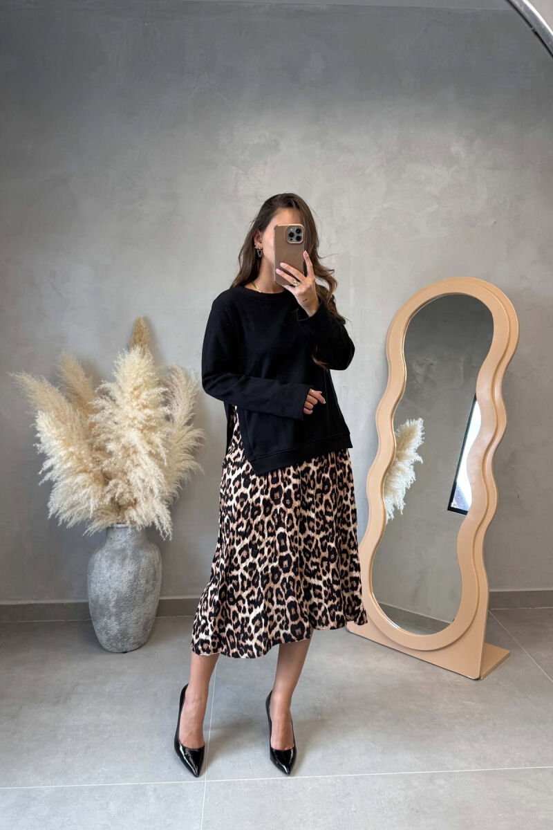 LONG SLEEVE ROUND NECK WOMEN DRESS BLACK + LEO/ ZELEO - 1
