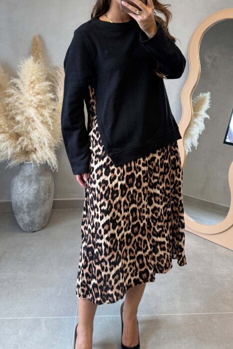 LONG SLEEVE ROUND NECK WOMEN DRESS BLACK + LEO/ ZELEO - 3
