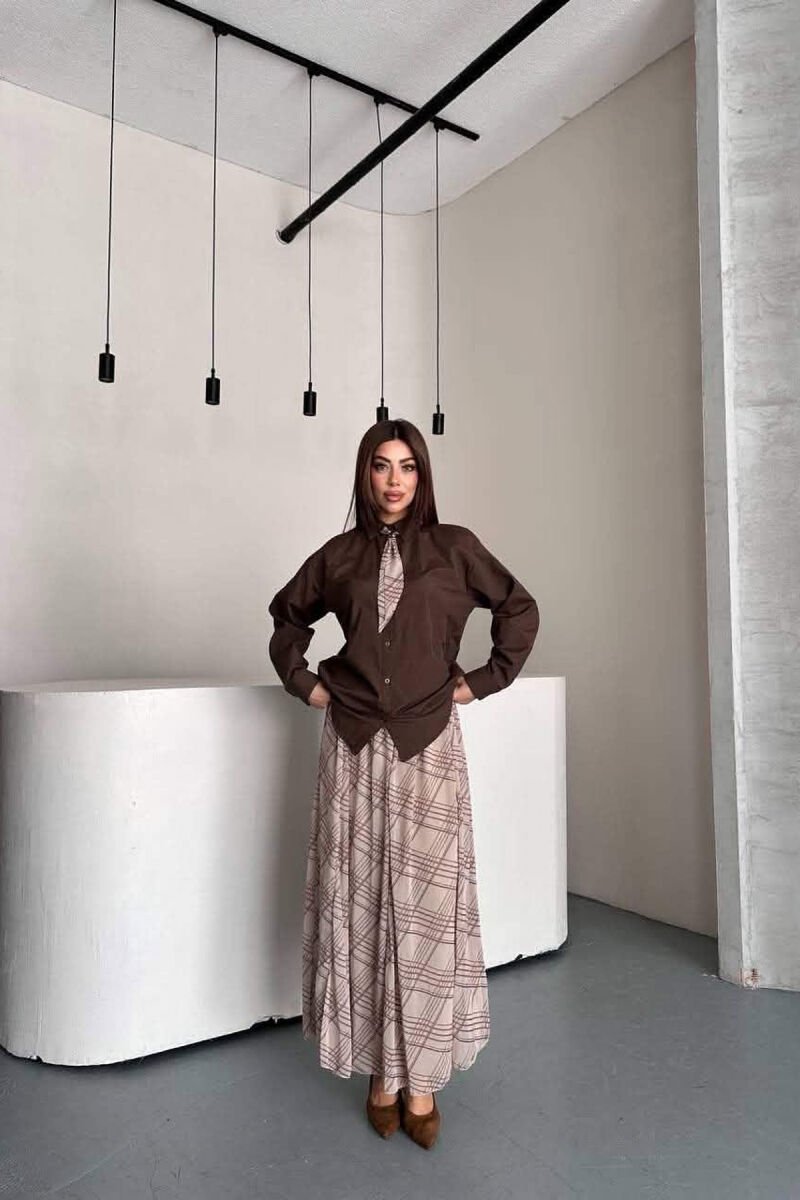 LONG SLEEVE SHIRT + SKIRT WOMEN SET BROWN/KAFE - 1