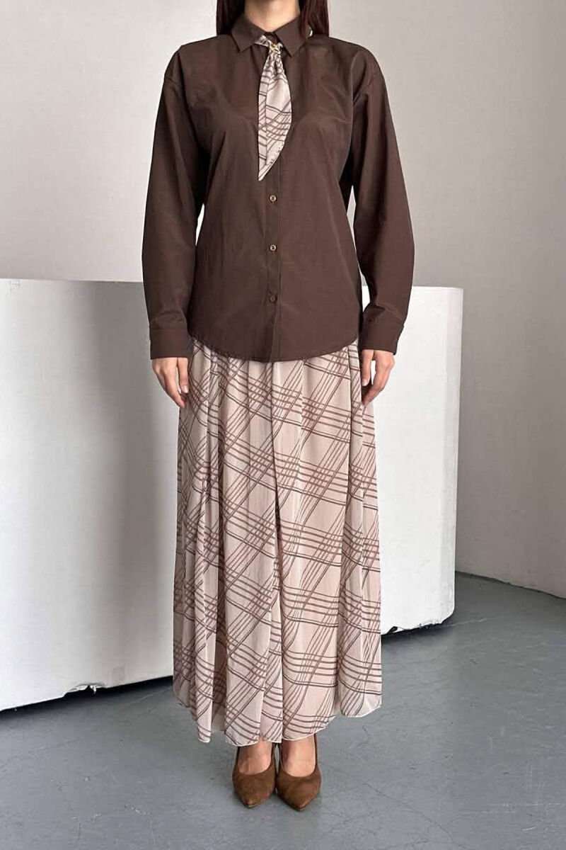 LONG SLEEVE SHIRT + SKIRT WOMEN SET BROWN/KAFE - 2
