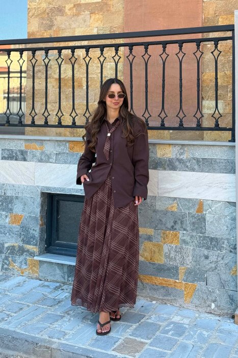 LONG SLEEVE SHIRT + SKIRT WOMEN SET DARK BROWN/KAE - 3