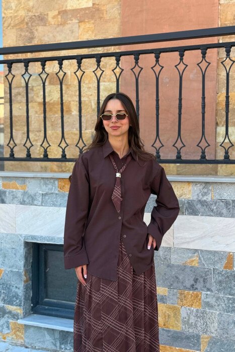 LONG SLEEVE SHIRT + SKIRT WOMEN SET DARK BROWN/KAE - 4