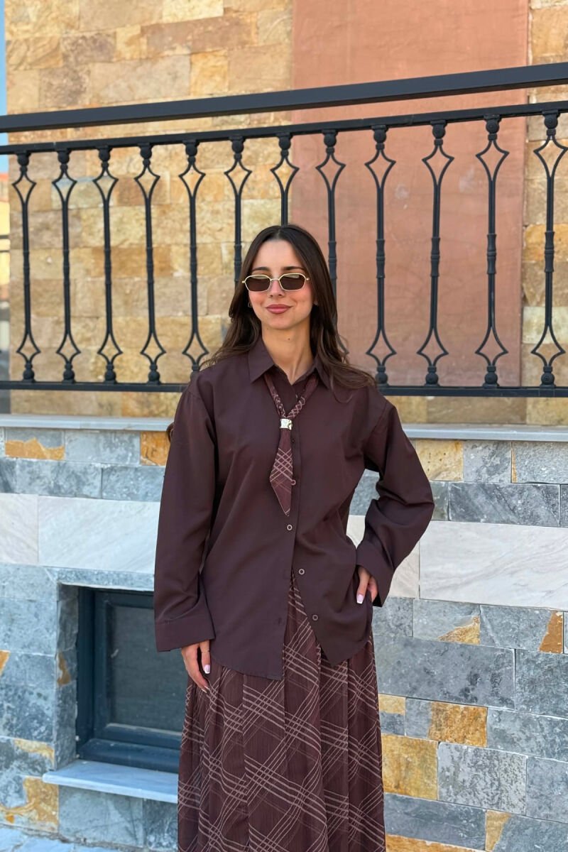 LONG SLEEVE SHIRT + SKIRT WOMEN SET DARK BROWN/KAE - 4