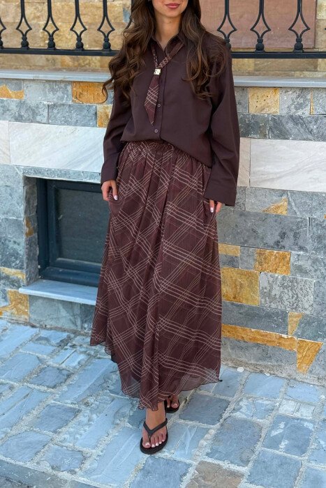 LONG SLEEVE SHIRT + SKIRT WOMEN SET DARK BROWN/KAE - 5