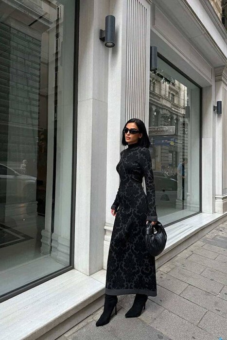LONG SLEEVE SIMPLE WOMEN DRESS DARK GREY/GEE 
