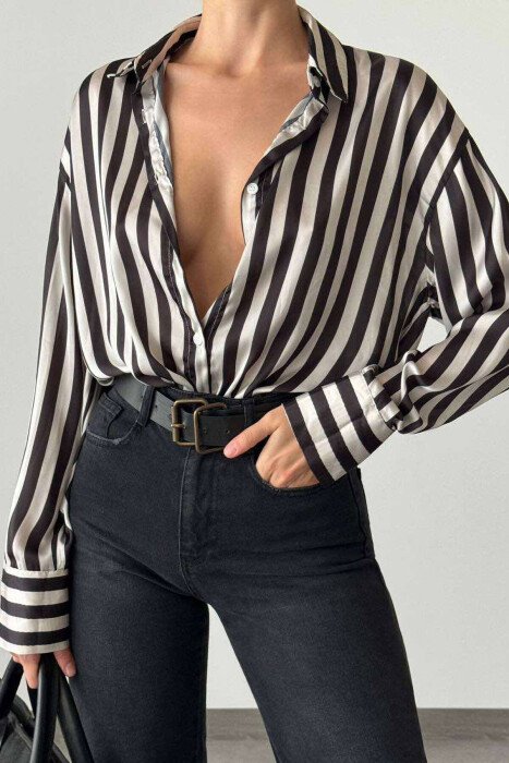 LONG SLEEVE STRIPES WOMEN SHIRT BLACK-GREY/ZEGR - KLAUDIO FASHION