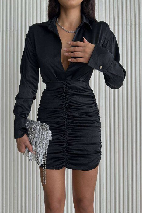 LONG SLEEVE WAVING WOMEN DRESS BLACK/ E ZEZE - 