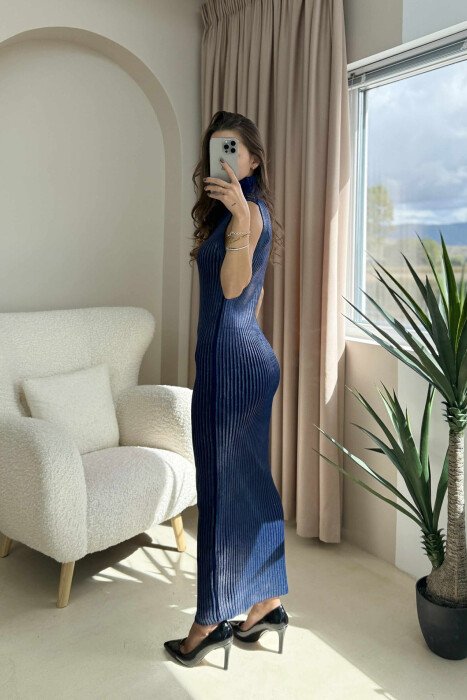 LONG SLEEVELESS TURTLE NECK WOMEN DRESS DARK BLUE/BEE - 3