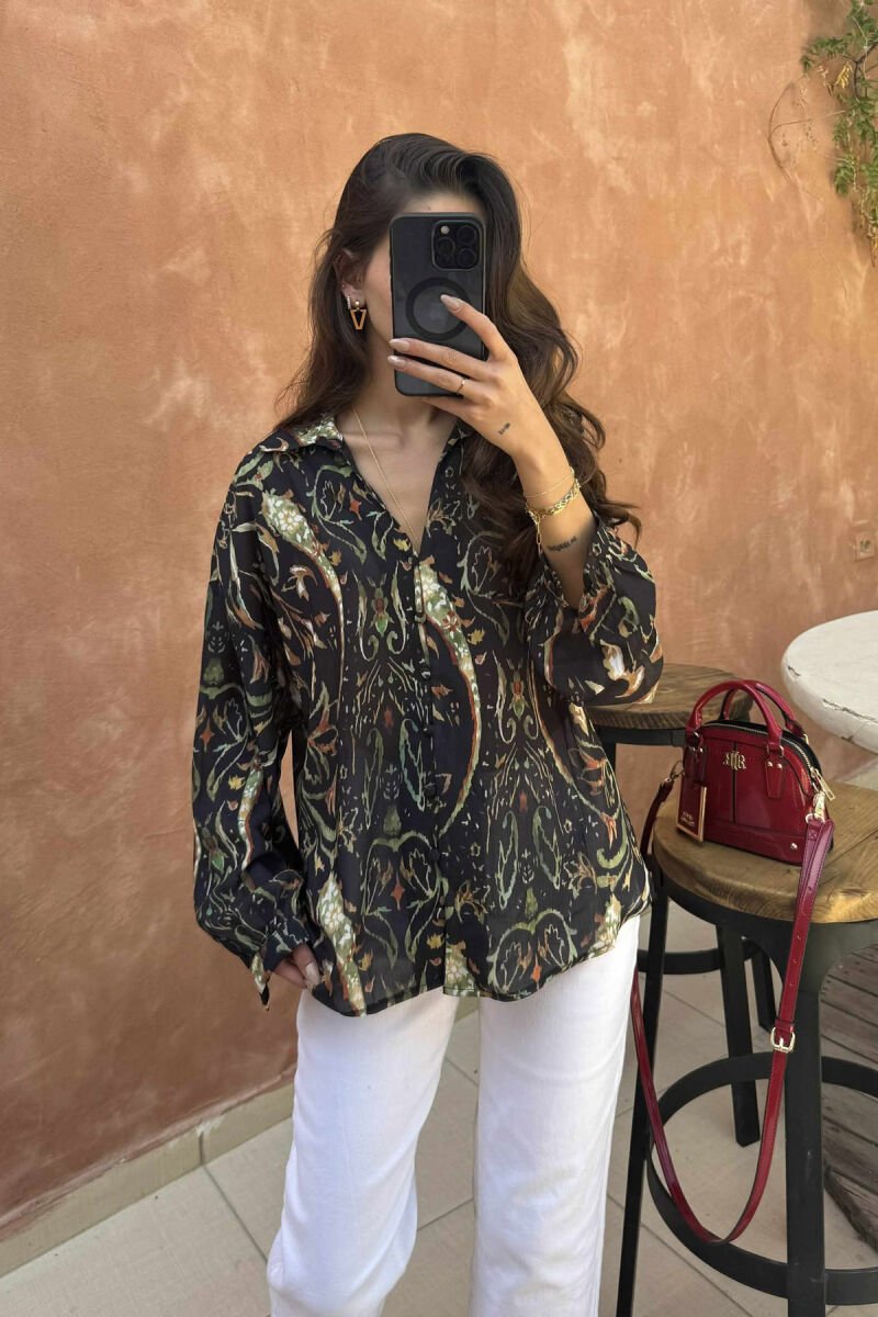 LONG SLEEVES DESIGNED WOMEN SHIRT BLACK-GREEN/ZEJE - 10