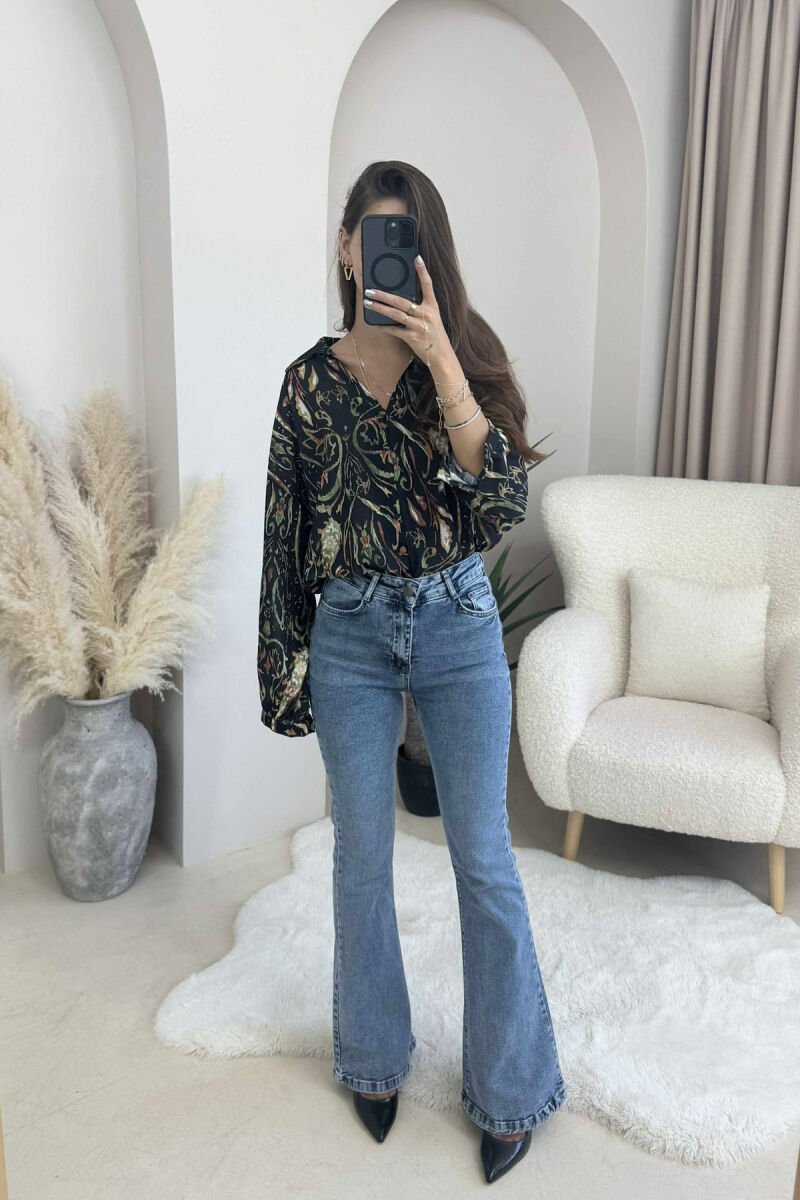 LONG SLEEVES DESIGNED WOMEN SHIRT BLACK-GREEN/ZEJE - 1