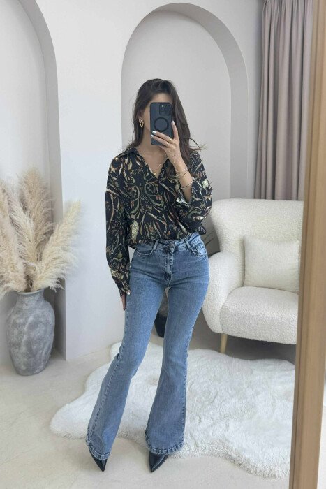 LONG SLEEVES DESIGNED WOMEN SHIRT BLACK-GREEN/ZEJE - 3