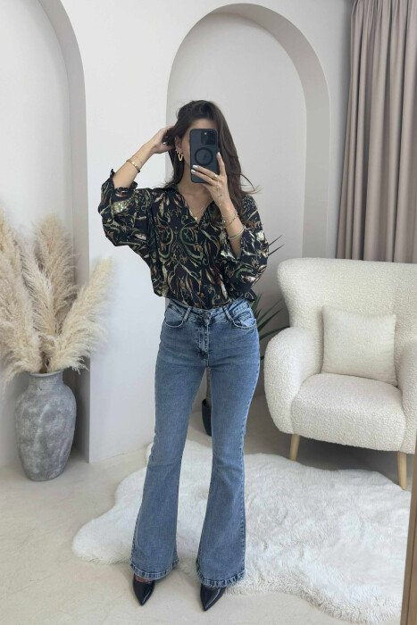 LONG SLEEVES DESIGNED WOMEN SHIRT BLACK-GREEN/ZEJE - 5
