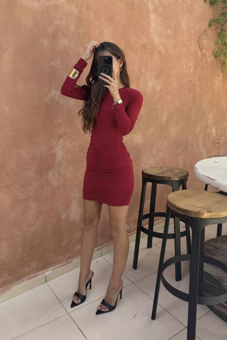 LONG SLEEVES ONE COLOR SHORT WOMEN DRESS BURGUNDY/VISHNJE - 2