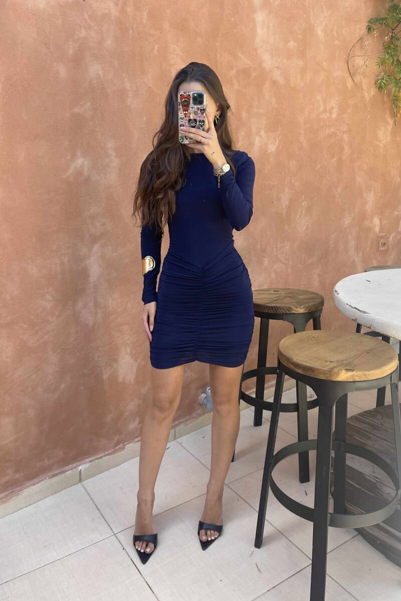 LONG SLEEVES ONE COLOR SHORT WOMEN DRESS DARK BLUE/BEE - 1