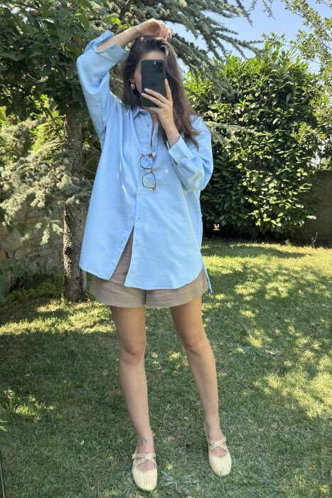 LONG SLEEVES ONE COLOR SIMPLE WOMEN SHIRT BABY BLUE/BLU BY - 2
