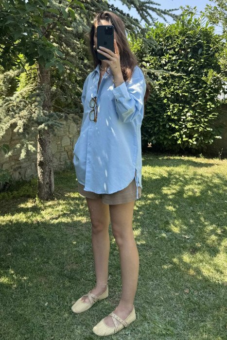 LONG SLEEVES ONE COLOR SIMPLE WOMEN SHIRT BABY BLUE/BLU BY - 3
