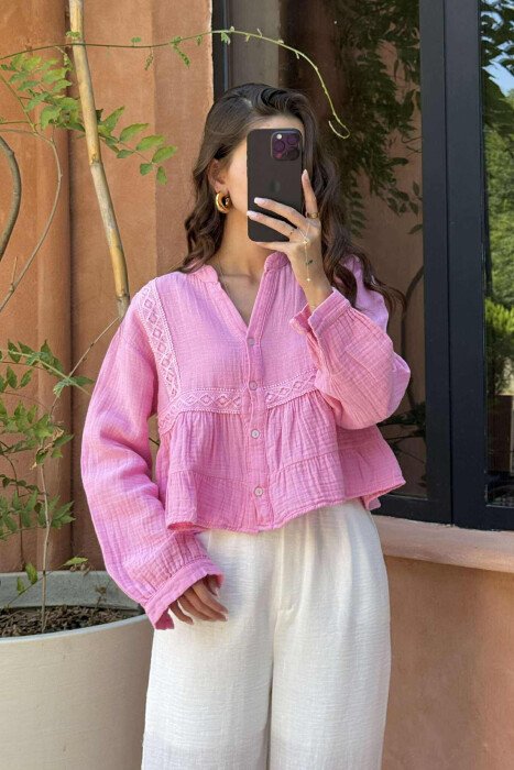 LONG SLEEVES ONE COLOR WOMEN SHIRT BABY PINK/ROZB - 2
