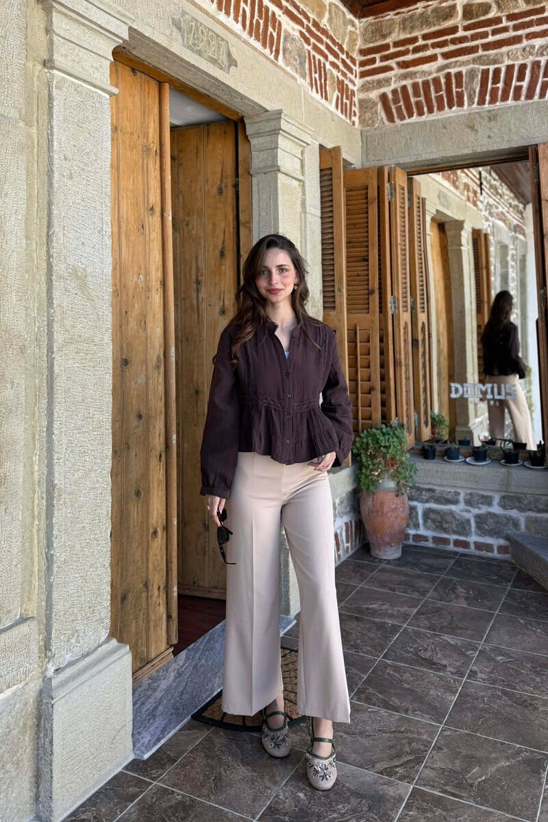 LONG SLEEVES ONE COLOR WOMEN SHIRT BROWN/KAFE - 3
