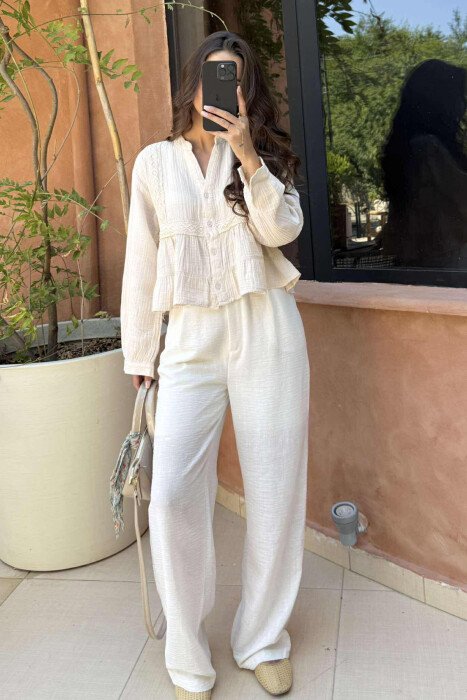 LONG SLEEVES ONE COLOR WOMEN SHIRT CREAM/KREM - 5