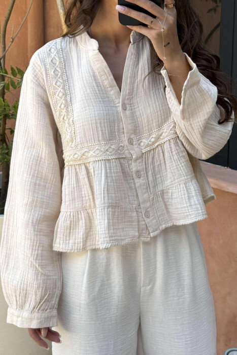 LONG SLEEVES ONE COLOR WOMEN SHIRT CREAM/KREM - 7
