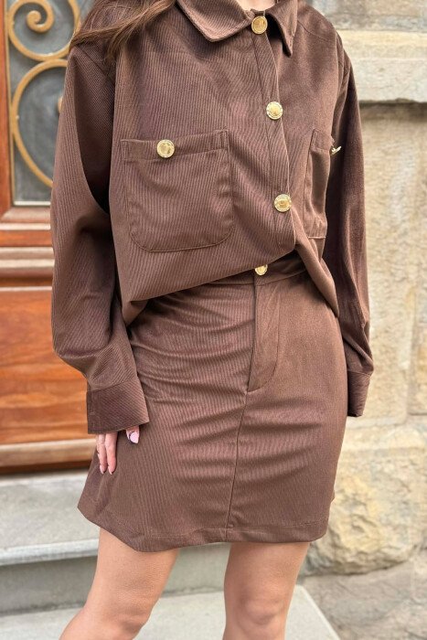 LONG SLEEVES SHIRT+SKIRT GOLD BUTTONS WOMEN SET BROWN/KAFE - 7
