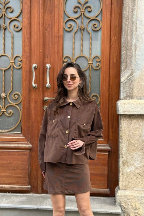 LONG SLEEVES SHIRT+SKIRT GOLD BUTTONS WOMEN SET BROWN/KAFE - 8