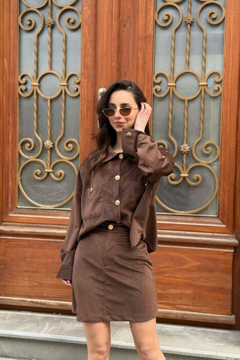 LONG SLEEVES SHIRT+SKIRT GOLD BUTTONS WOMEN SET BROWN/KAFE - 9