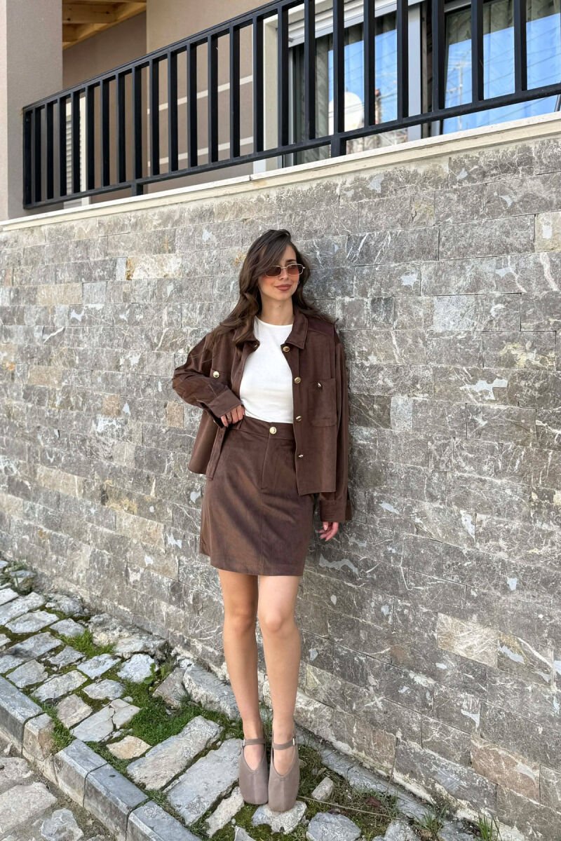 LONG SLEEVES SHIRT+SKIRT GOLD BUTTONS WOMEN SET BROWN/KAFE - 1