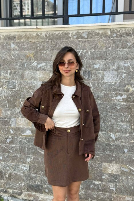 LONG SLEEVES SHIRT+SKIRT GOLD BUTTONS WOMEN SET BROWN/KAFE - 3