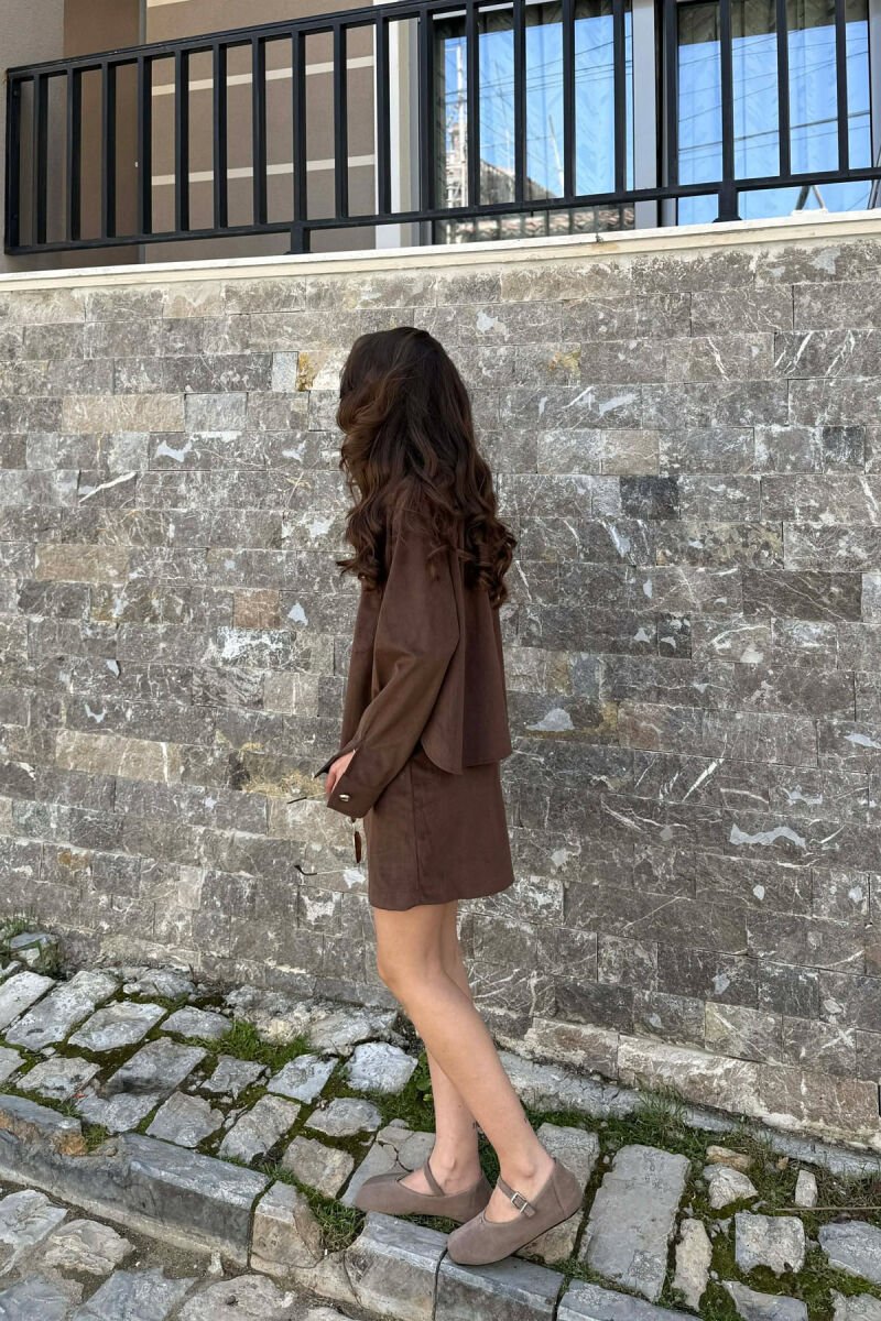 LONG SLEEVES SHIRT+SKIRT GOLD BUTTONS WOMEN SET BROWN/KAFE - 5