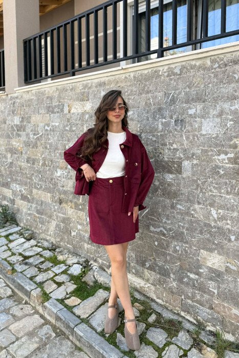 LONG SLEEVES SHIRT+SKIRT GOLD BUTTONS WOMEN SET BURGUNDY/VISHNJE 