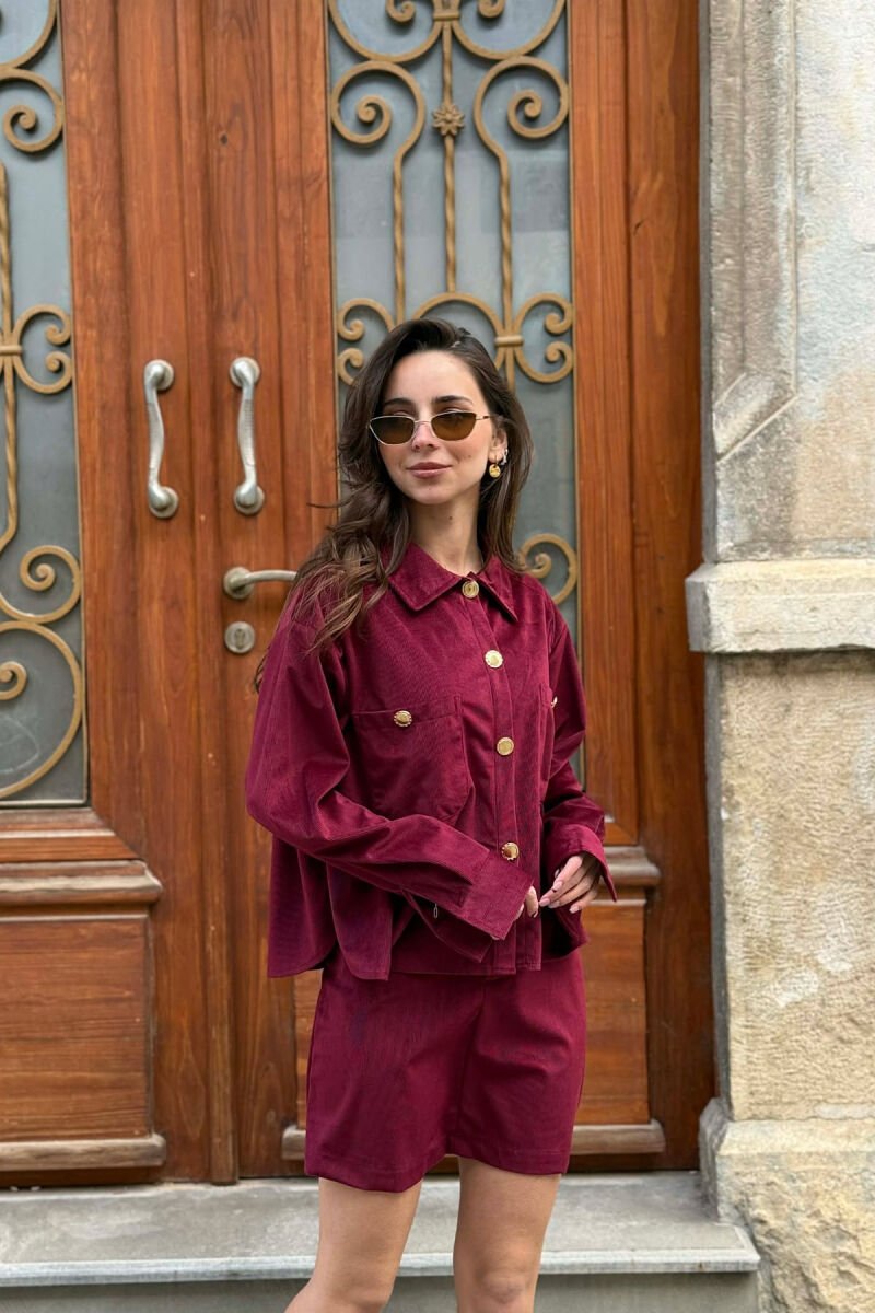 LONG SLEEVES SHIRT+SKIRT GOLD BUTTONS WOMEN SET BURGUNDY/VISHNJE - 9