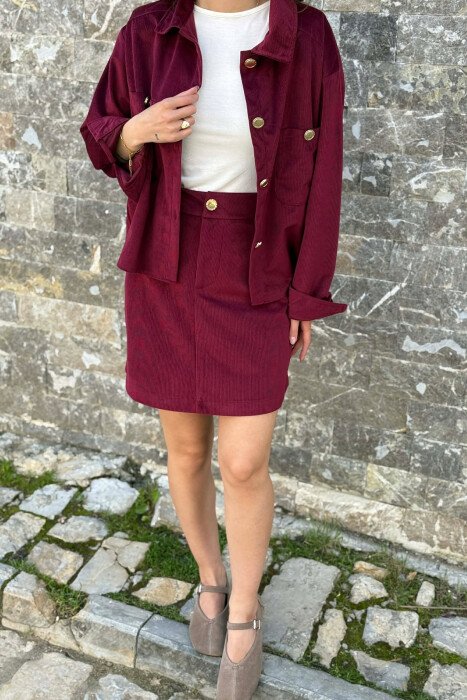 LONG SLEEVES SHIRT+SKIRT GOLD BUTTONS WOMEN SET BURGUNDY/VISHNJE - 3