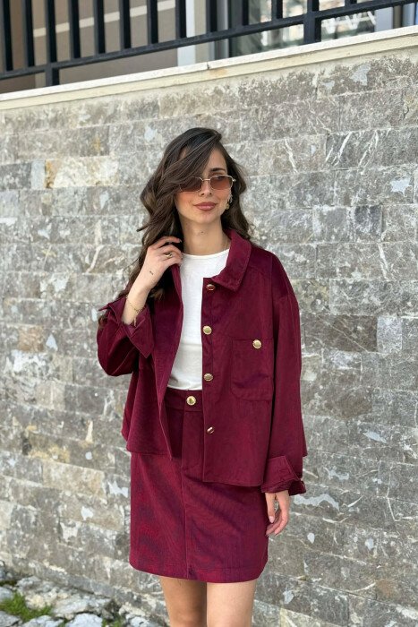 LONG SLEEVES SHIRT+SKIRT GOLD BUTTONS WOMEN SET BURGUNDY/VISHNJE - 4