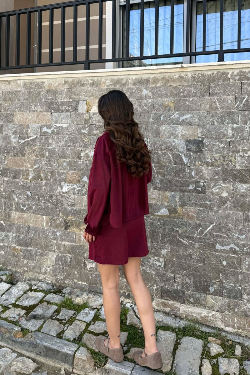 LONG SLEEVES SHIRT+SKIRT GOLD BUTTONS WOMEN SET BURGUNDY/VISHNJE - 6