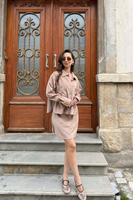 LONG SLEEVES SHIRT+SKIRT GOLD BUTTONS WOMEN SET LIGHT BROWN/KAZB - 6