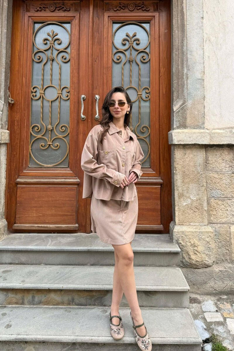 LONG SLEEVES SHIRT+SKIRT GOLD BUTTONS WOMEN SET LIGHT BROWN/KAZB - 6